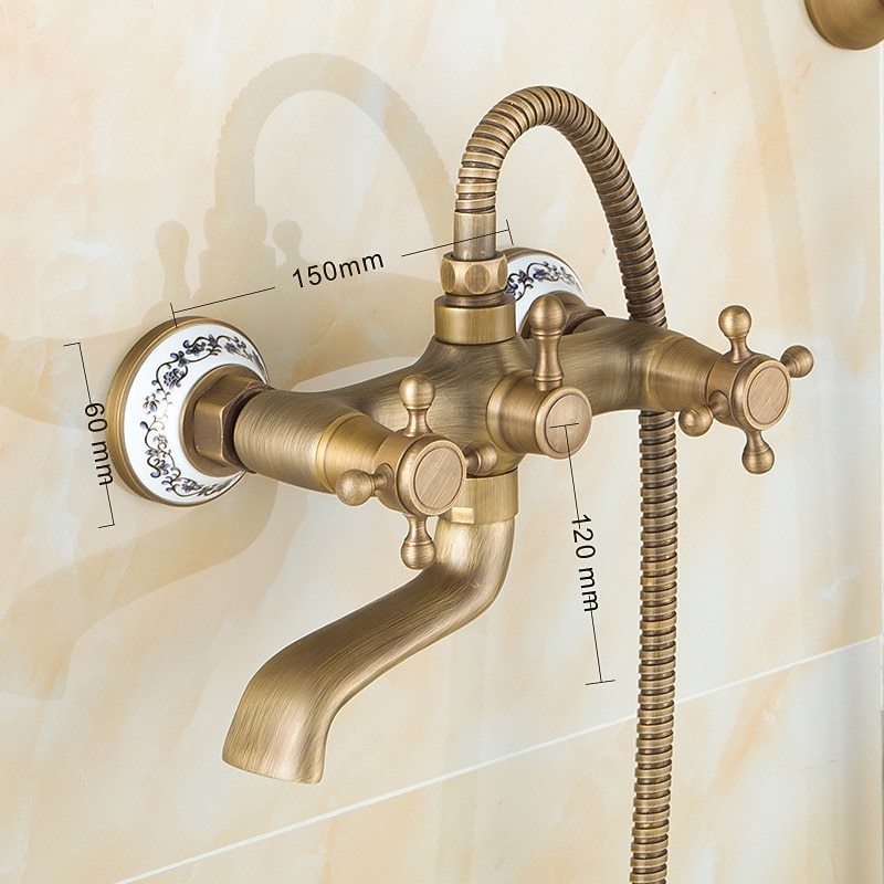 Traditional Shower System Faucet Set with Bathtub Spout with Heldhand Handshower Spray, Vintage Brass Dual Spout Wall Mounted Ceramic Mixer Valve2