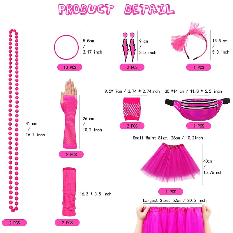 80s Costume Accessories for Women 1980s T-Shirt Tutu Fanny Pack Headband Earring Necklace Fishnet Gloves Legwarmers3