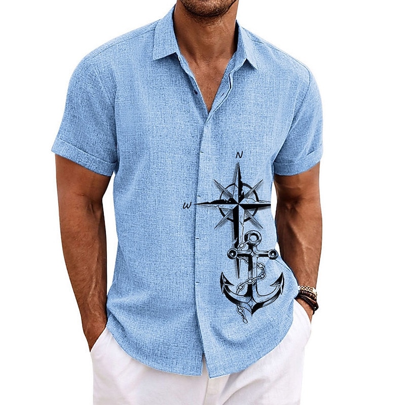 Men's Nautical Anchor Vintage Shirt Button Up Shirt Short Sleeve Vintage Fashion Designer Outdoor Casual Summer Spring Turndown Print White Blue Green Khaki Gray2