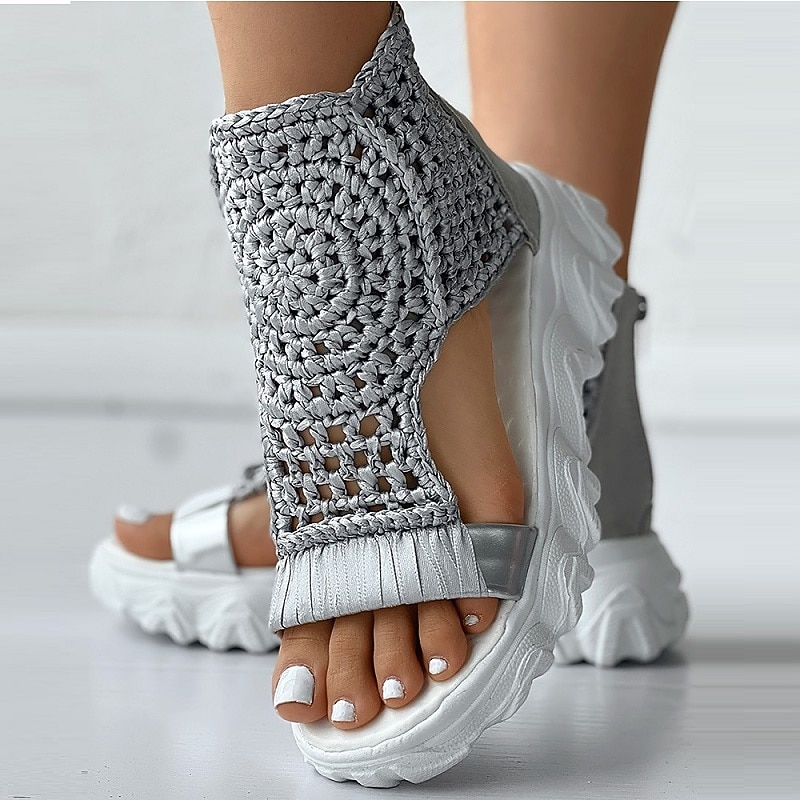 Women's Crochet Platform Sandals – Handmade Knitted Upper with Ankle Support and Cushioned Sole, Stylish and Comfortable for Summer Casual Outfits