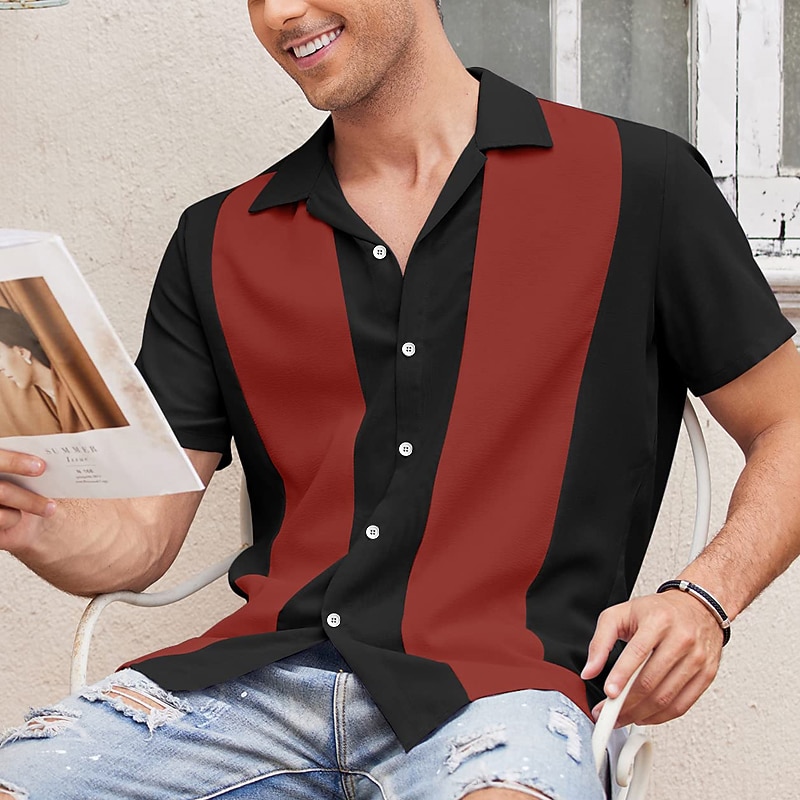 Men's Shirt Summer Shirt Casual Shirt Bowling Shirt Button Up Shirt Black White Blue Red Green Short Sleeve Color Block Turndown Vacation Street Print Clothing Apparel Polyester Fashion 1950s Casual3