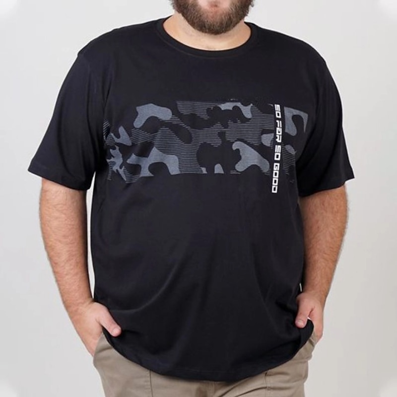 Men's Plus Size Big Tall T shirt Tee Tee Crewneck Black White Navy Blue Short Sleeves Outdoor Going out Print Letter Camo / Camouflage Clothing Apparel Cotton Blend Streetwear Stylish Casual