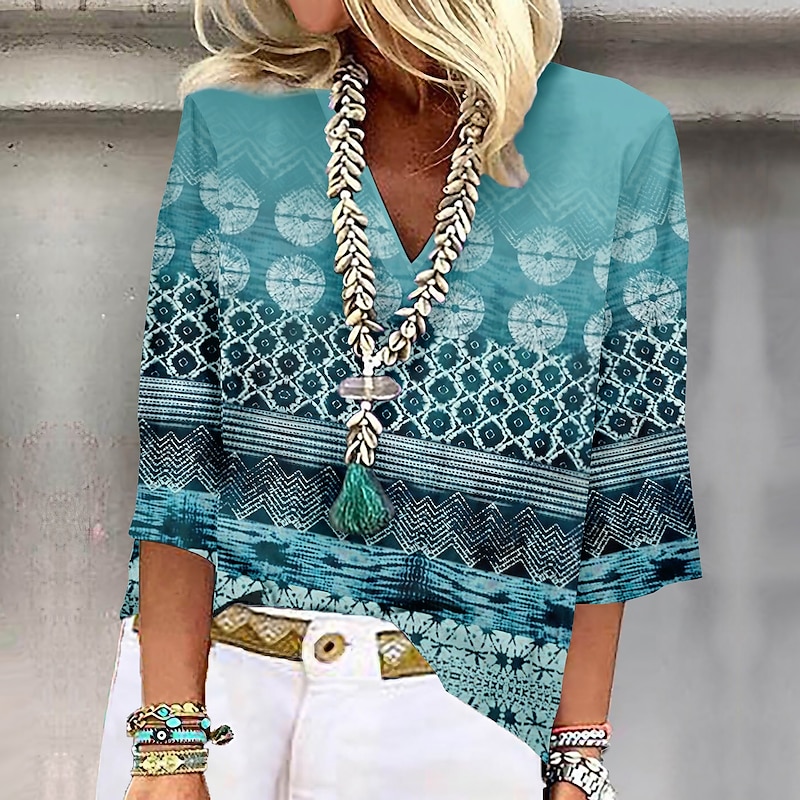Women's Shirt Button Down Blouse Basic Print 3/4 Length Sleeve Regular Tops V Neck Casual Pink Blue Purple Green Khaki