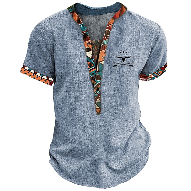 Men's Graphic Tribal Henley Shirt Short Sleeve 3D Print Fashion Designer Basic Outdoor Daily Summer Blue Khaki Gray Stand Collar Henley T-Shirt4