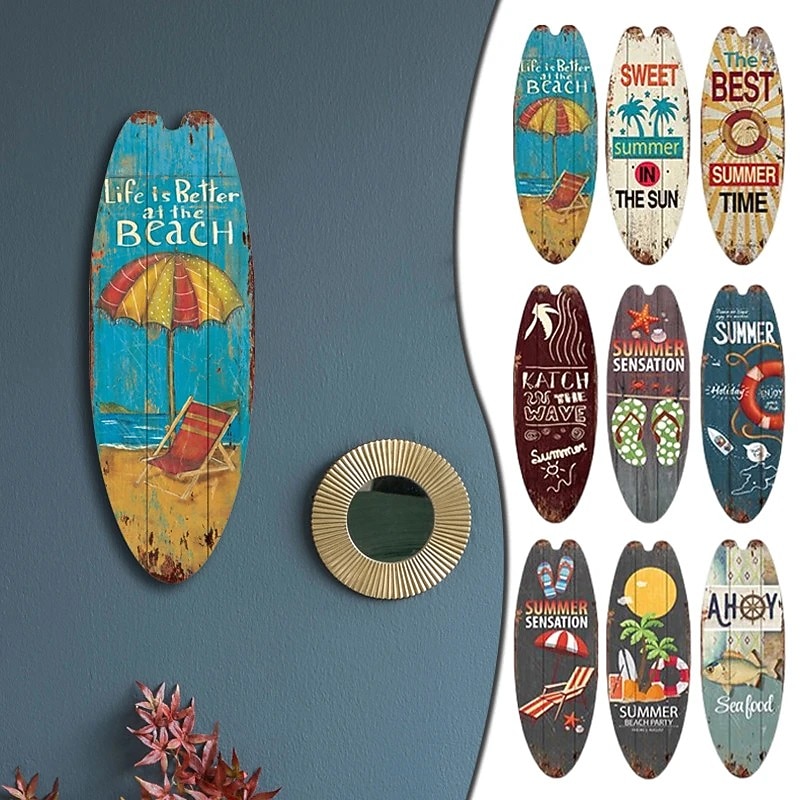 Summer Beach Ocean Theme Leisure Decoration Surfboard Wood Plaque Bar Home Wall Vintage Decoration Wood Plaque