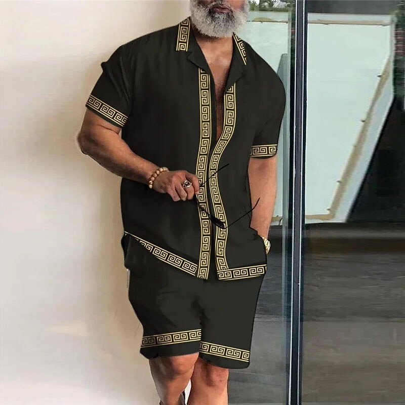 Men's Totem 2pcs Shirts Sets Summer Hawaiian Shirt Short Sleeve Short Pants Cuban Collar Fashion Streetwear Designer Outdoor Street Daily Print Summer Spring Black Yellow Gold3