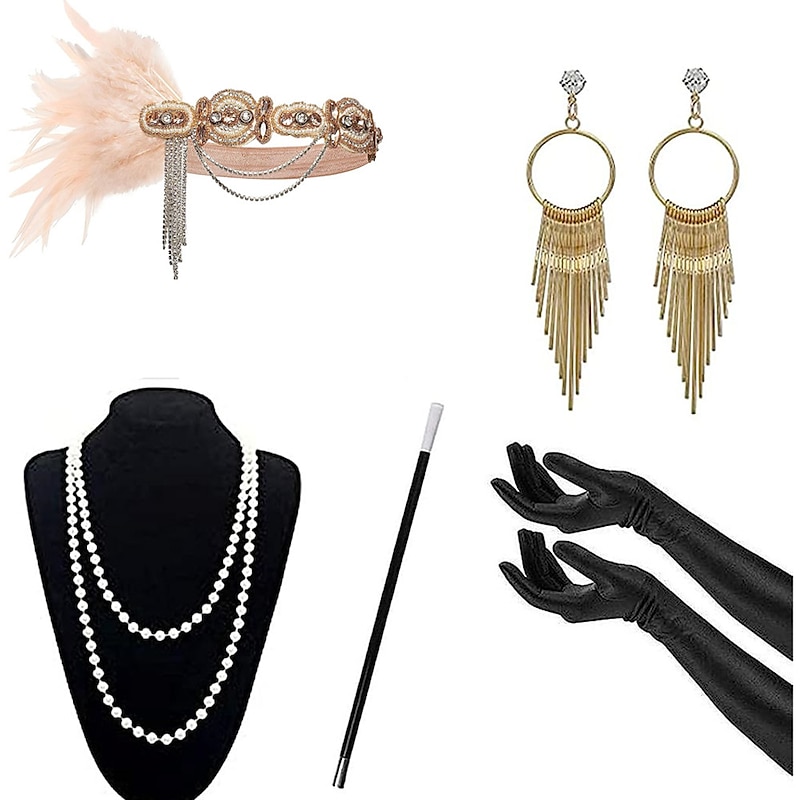 1920s Gatsby Accessories Set for Women Flapper Costume 20s Flapper Headband Pearl Necklace Gloves Plastic Holder2