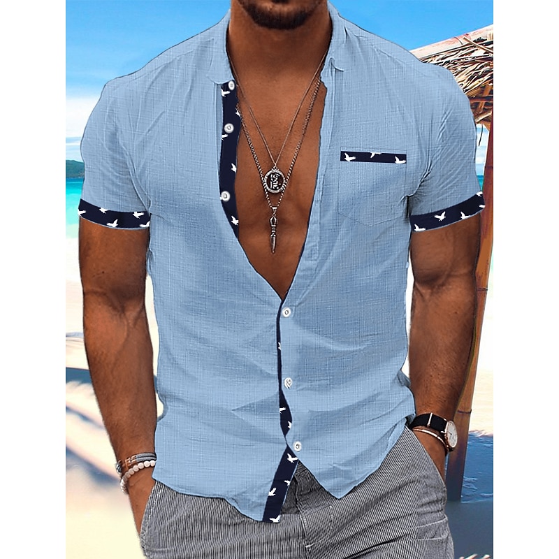 Men's Shirt Linen Shirt Summer Shirt Beach Wear Casual Shirt Button Up Shirt Color Block Vacation Curise White Blue Green Khaki Short Sleeve Turndown Summer Clothing Apparel Patchwork2