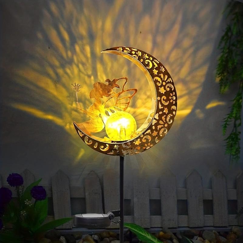 Solar Lights Fairy Moon Shape Garden Lights Outdoor Metal Solar Garden Lights Waterproof LED Glass Ball Outdoor Lights Fairy Figures Elf Garden Solar Light Decoration Patio Path Lawn Halloween Christmas4