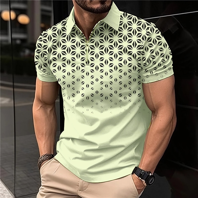 Men's Geometric Zip Polo Shirts Golf Shirt Short Sleeve Polo Shirts Collared Shirts Business Casual WorkWear Formal Wear Festival Wear 3D Print Quarter Zip Polo White Pink Blue4