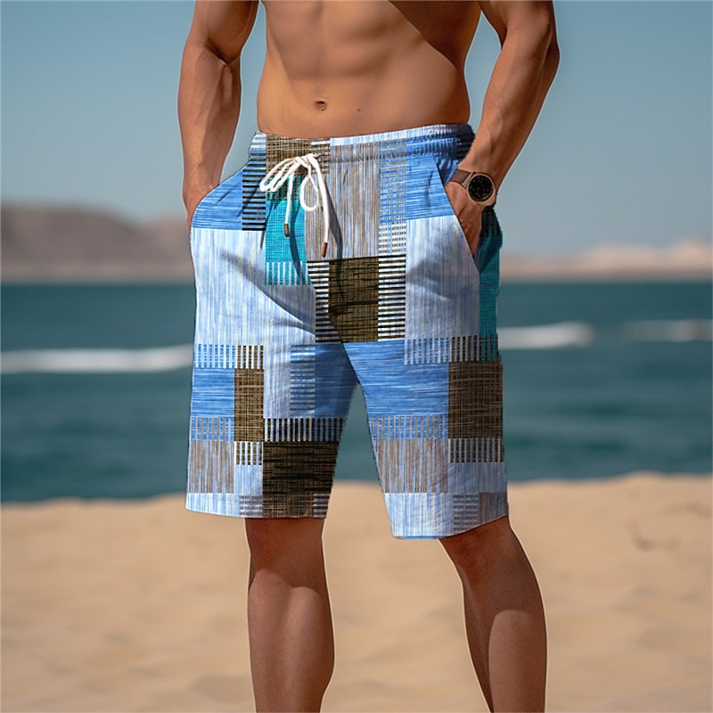 Men's Graphic Plaid Color Block Sweat Shorts Beach Shorts Terry Shorts Mid Waist Casual Athleisure Daily Holiday Streetwear Drawstring Elastic Waist 3D Print Designer Clothing Apparel3