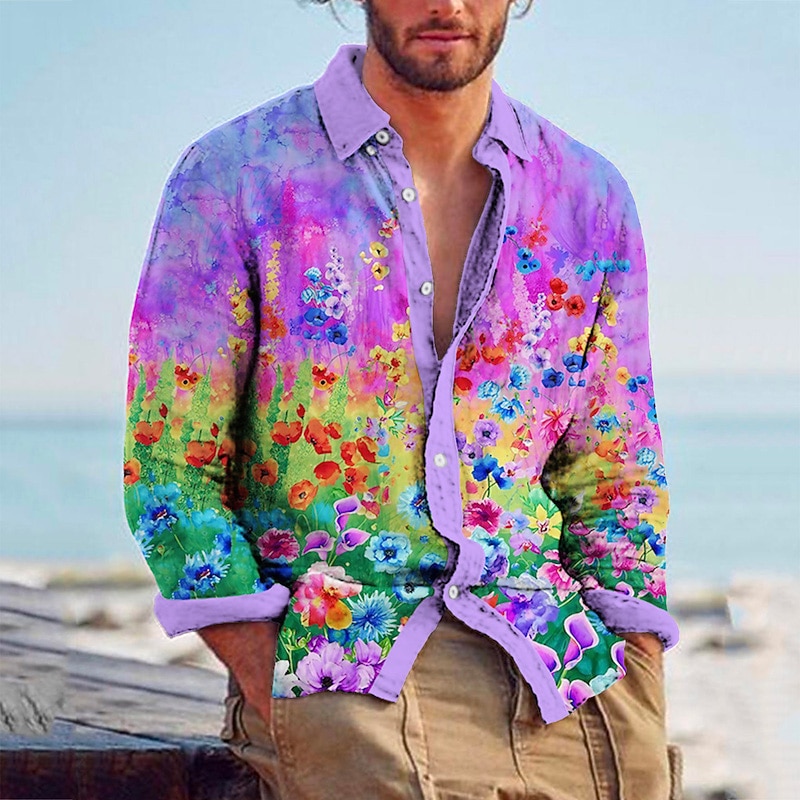 Men's Floral Tropical Flowers Shirt Summer Hawaiian Shirt Aloha Shirt Long Sleeve Shirt Turndown Fashion Streetwear Designer Outdoor Street Casual Pink Purple S M L