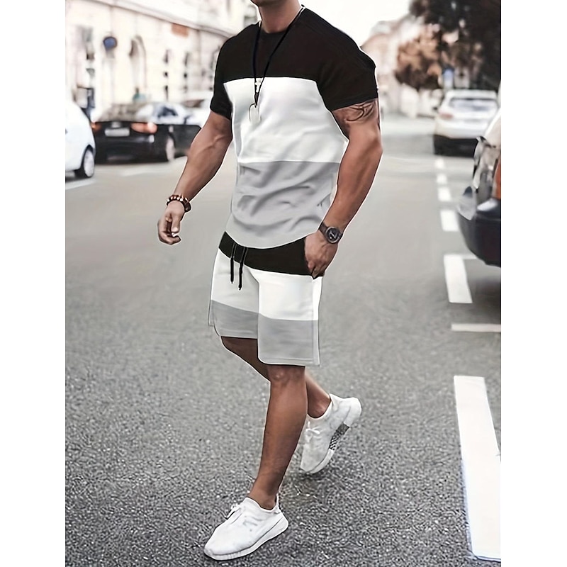 Men's T-shirt Suits Tracksuit Tennis Shirt Shorts and T Shirt Set Short Sleeves Crew Neck Summer Color Block Gymnatics Casual 2 Piece Vacation Daily Wear Activewear Yellow Red Blue Top Tee for Men