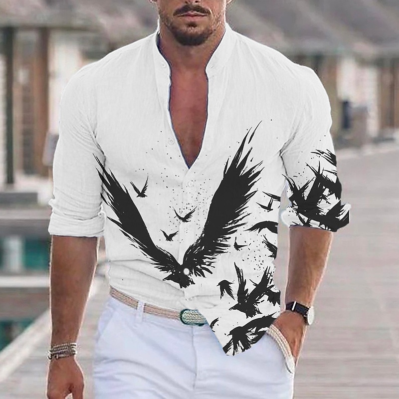 Men's Eagle Shirt Button Up Shirt Long Sleeve Fashion Streetwear Designer Outdoor Casual Daily Summer Spring Fall Stand Collar Print White Blue Dusty Blue Green3