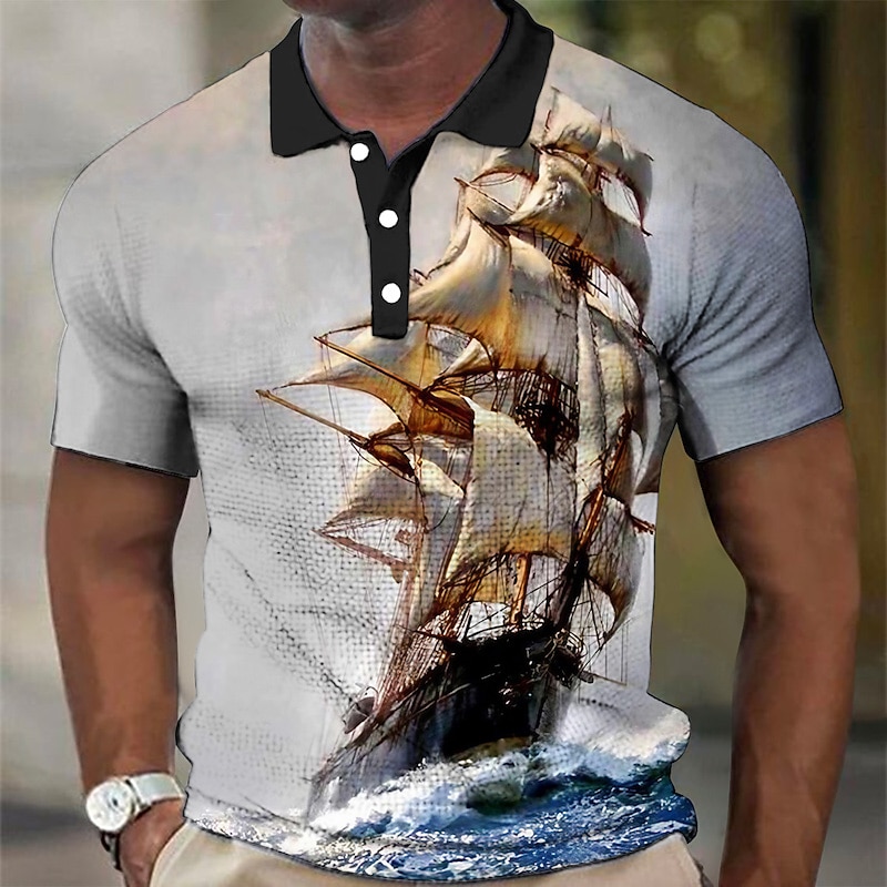 Men's Nautical Waffle Polo Shirts Golf Shirt Short Sleeve Polo Shirts Collared Shirts Vintage Casual Vacation Wear Boat Wear Party Outfits Buttons 3D Print Yellow Blue Orange4