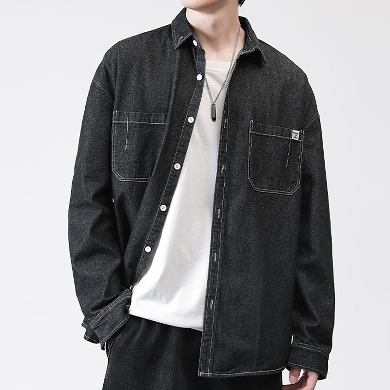 Men's Shirt Jacket Overshirt Denim Shirt Plain Outdoor Daily Black Blue Dark Blue Long Sleeve Lapel Spring &  Fall Clothing Apparel Pocket2