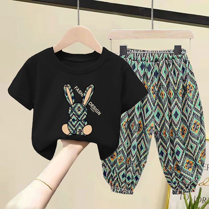 2 Pieces Kids Girls' Geometric Pants Suit Set Short Sleeve Fashion Outdoor Cotton 3-7 Years Summer Black White Yellow4