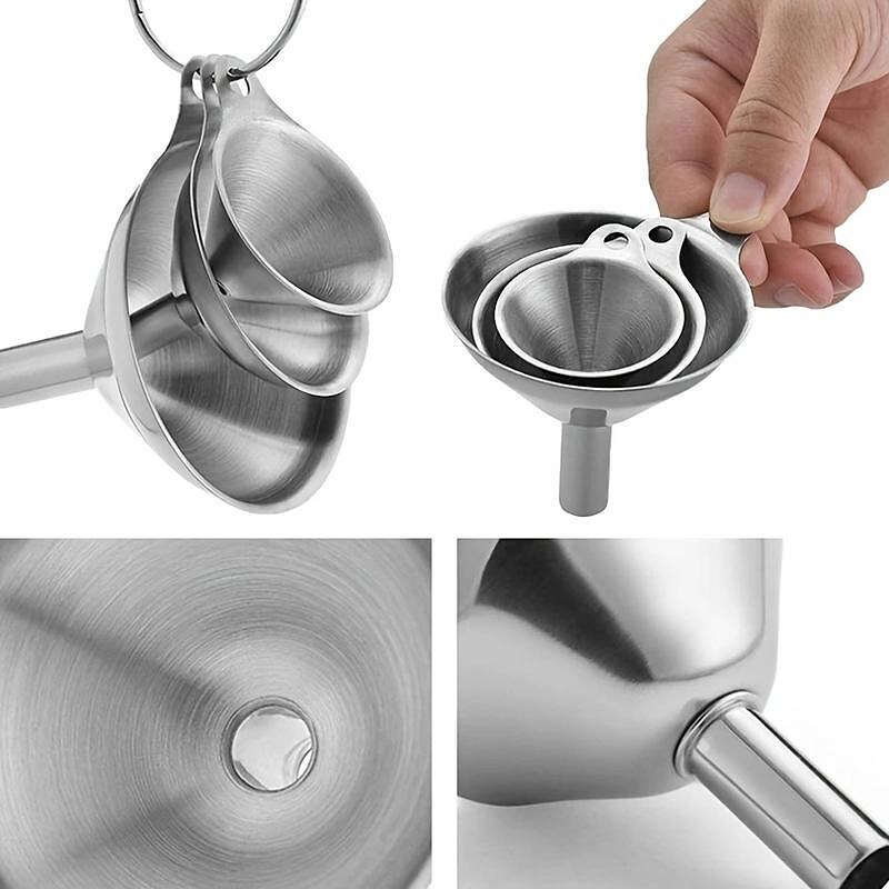 3/5pcs Stainless Steel Funnels For Kitchen Use, Large Tiny Small Funnel Set Of 3, Metal Cooking Powder Food Grade Flask Funnels For Filling Bottles Liquor Water Spice, 2pcs Cleaning Brushes2