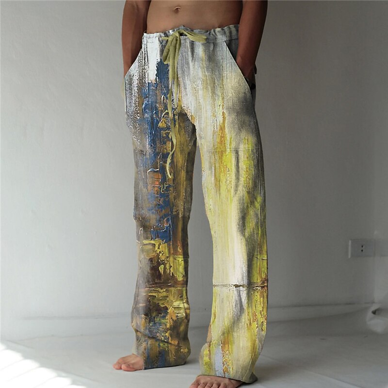 Men's Trousers Summer Pants Beach Pants Drawstring Elastic Waist 3D Print Graphic Prints Graffiti Comfort Casual Daily Holiday Streetwear Hawaiian Army Yellow Black4