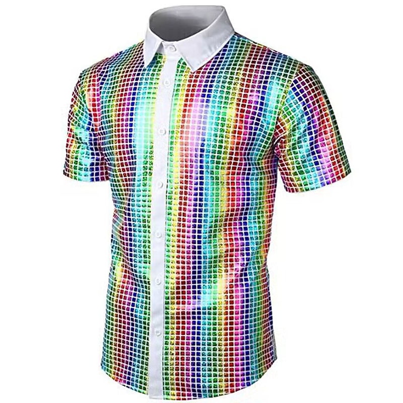 Men's Prom Shirt Disco Shirt Tuxedo Shirts Plain Formal Evening Birthday Party Black Yellow Blue Rainbow Short Sleeve Lapel Summer Spring Clothing Apparel Sequins2