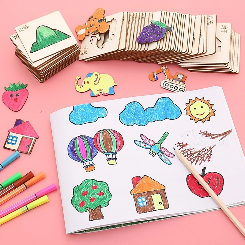20pcs Montessori Kids Drawing Toys Wooden DIY Painting Stencils Template Craft Toys Puzzle Educational Toys for Children Gifts2