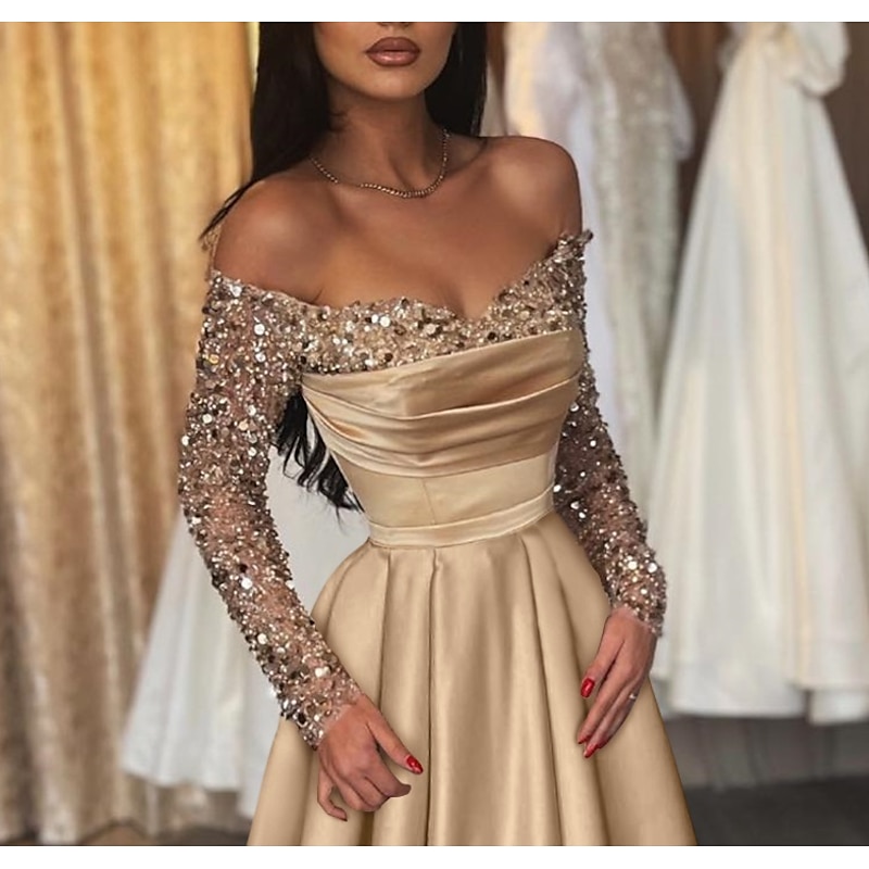 Ball Gown Gold Evening Gown Hot Dress Engagement Wedding Reception Sweep / Brush Train 3/4 Length Sleeve Off Shoulder Satin with Sequin3