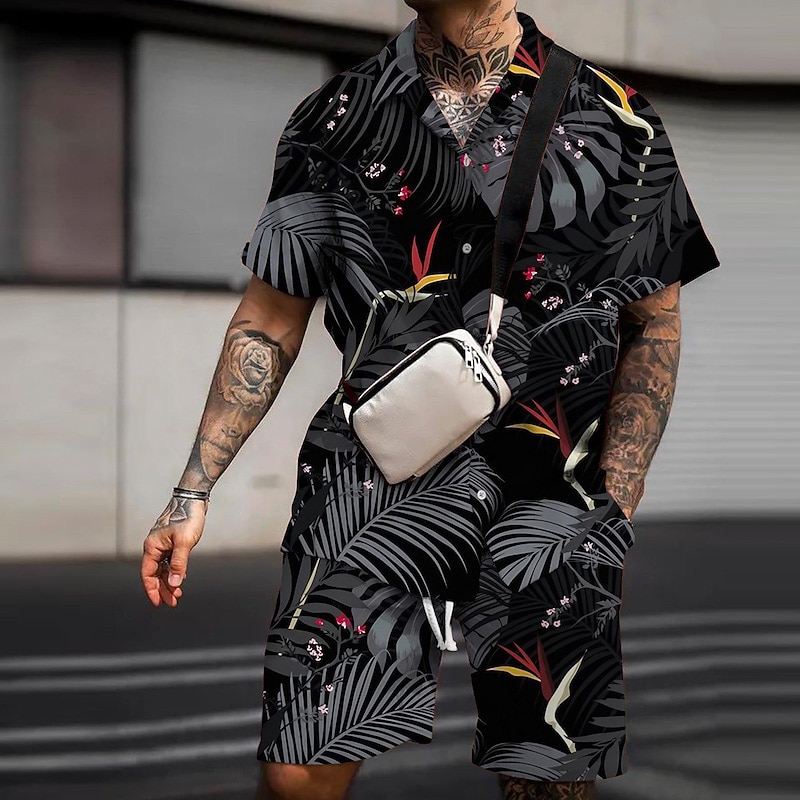 Men's Floral Flamingo Tropical 2pcs Shirts Sets Summer Hawaiian Shirt Short Sleeve Short Pants Turndown Fashion Streetwear Designer Outdoor Street Casual Print Summer Spring Black White Pink3
