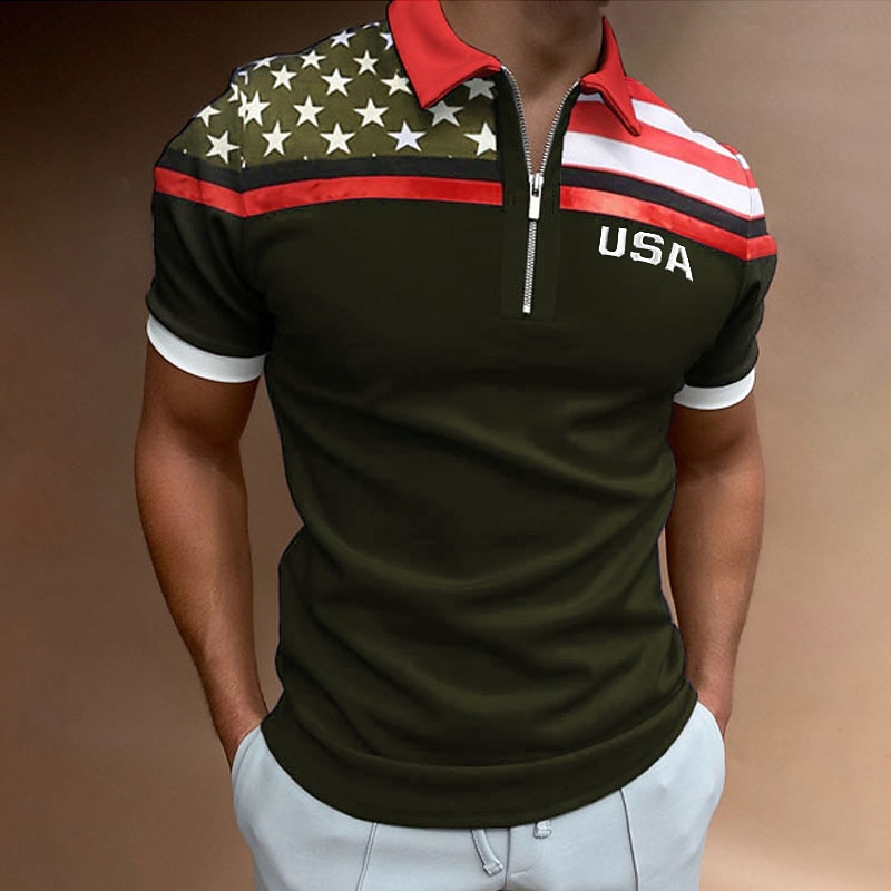 Men's Golf Shirt American Flag Polo Shirt Street Casual Turndown Quarter Zip Short Sleeve Fashion Casual Flag Zipper Quarter Zip Spring & Summer Regular Fit Navy Blue Dark Green Gray Golf Shirt2