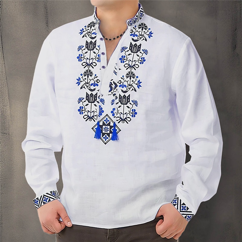 Men's Floral Ethnic Shirt Button Up Shirt Long Sleeve Fashion Streetwear Designer Outdoor Casual Daily Summer Spring Fall Stand Collar Print Red Blue Green Gray2
