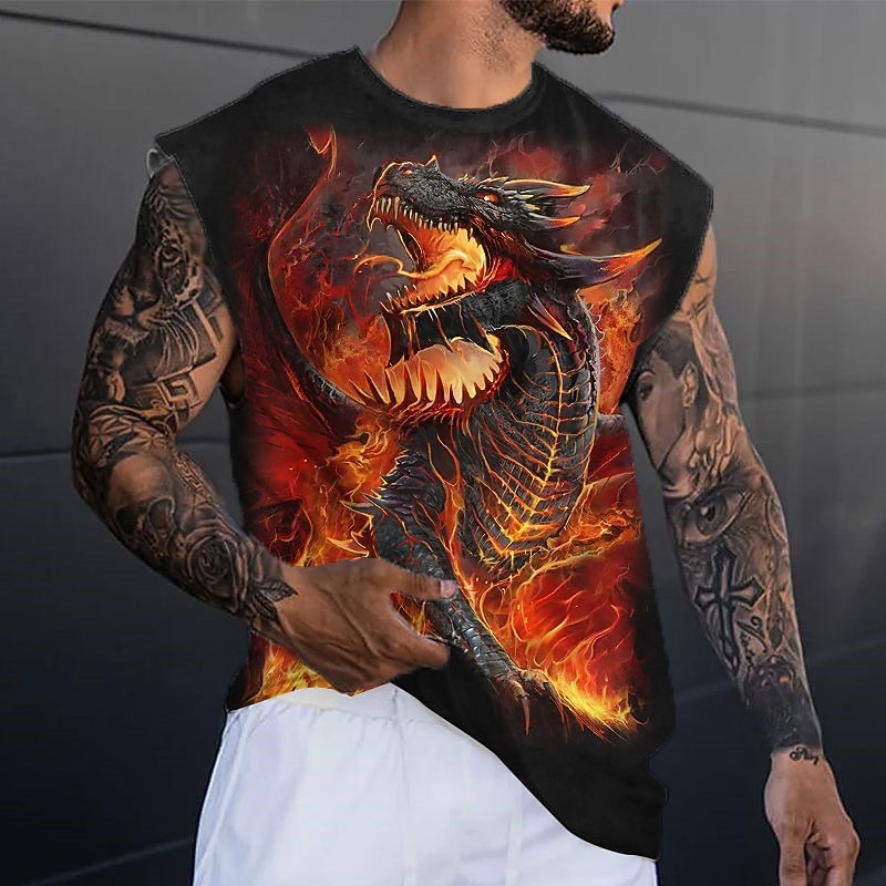 Men's Graphic Animal Dragon Vest Top Sleeveless T Shirt for Men Cap Sleeve T shirt 3D Print Crew Neck Shirt Fashion Designer Muscle Daily Sports Gym Yellow Blue Purple Spring & Summer Clothing Apparel