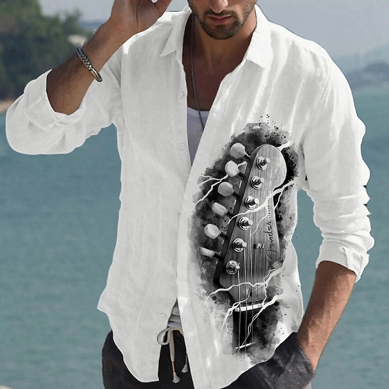 Men's Boardmasters Music Guitar Shirt Button Up Shirt Long Sleeve Fashion Streetwear Designer Outdoor Casual Daily Summer Spring Fall Turndown Print White Pink Brown Green