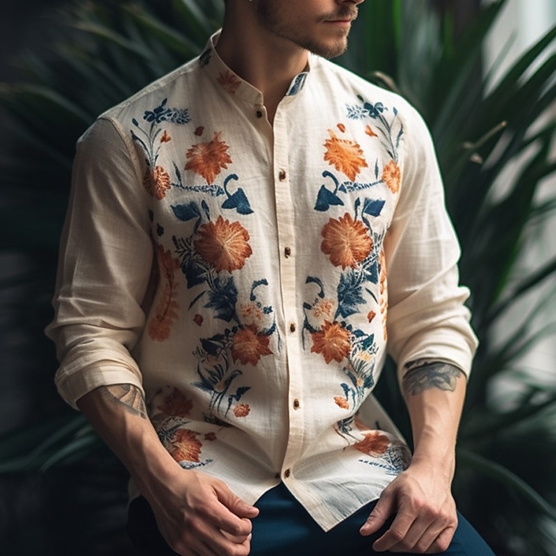 Men's Floral Shirt Button Up Shirt Long Sleeve Fashion Streetwear Designer Outdoor Casual Daily Summer Spring Fall Stand Collar Print White Yellow Khaki2
