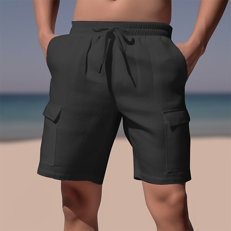 Men's Shorts Linen Shorts Summer Shorts Beach Shorts Drawstring Elastic Waist Multi Pocket Plain Comfort Breathable Short Casual Daily Holiday Fashion Classic Style Azure Black3