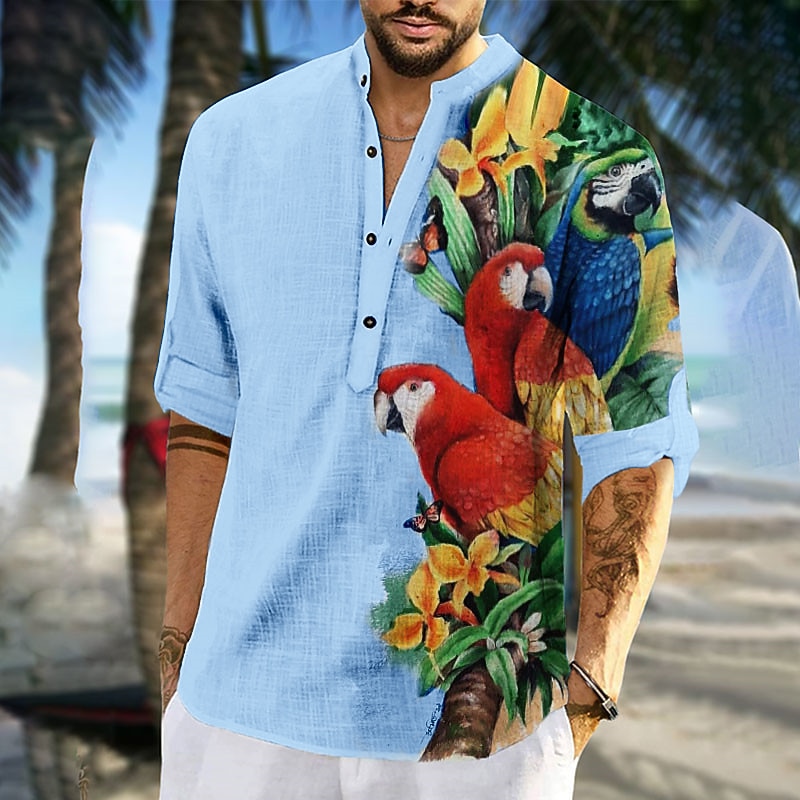 Men's Graphic Prints Parrot Shirt Aloha Shirt Long Sleeve Shirt Stand Collar Outdoor Street White Pink Blue Green Print Clothing Apparel Fashion Streetwear Designer Casual2