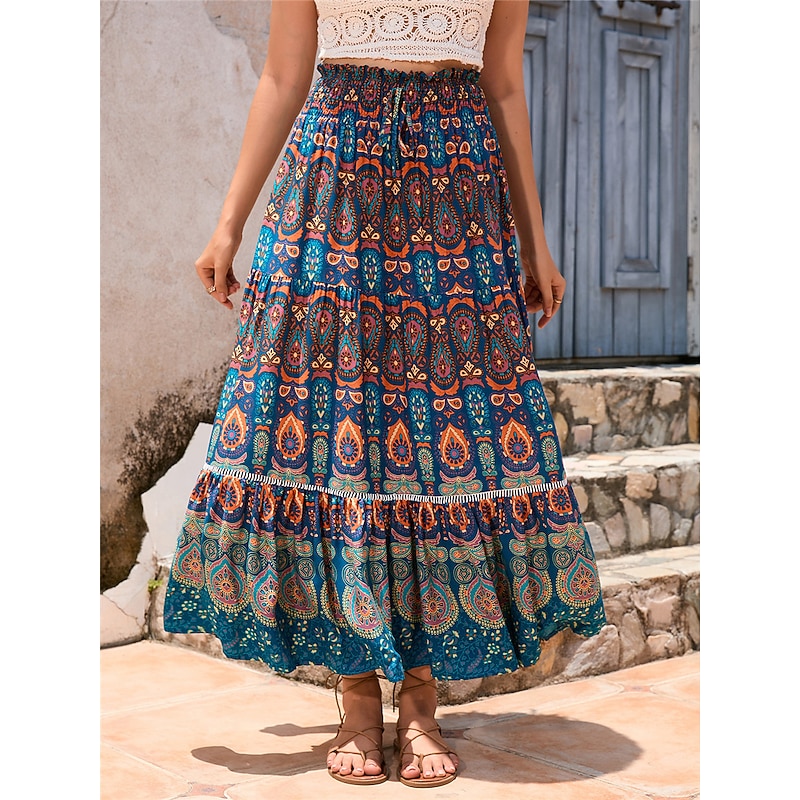 Women's Skirt Swing Bohemia Maxi High Waist Skirts Pleated Print Color Block Floral Vacation Going out Summer Cotton Polyester Vintage Retro Vintage Ethnic Casual Red Navy Blue Royal Blue4
