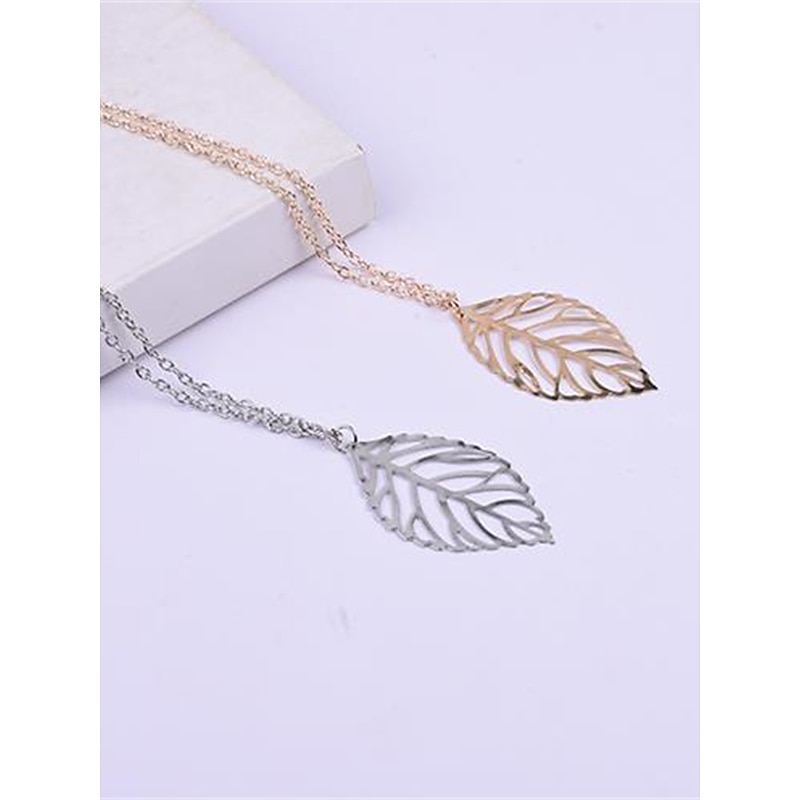 Women's Necklace 1PC Leaf Pendant Metal Alloy Long Necklace Chic Leaf Shaped Chain Jewelry Necklaces (Silver Gold, One Size)4