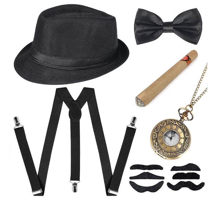 Retro Vintage Roaring 20s 1920s Panama Hat Accesories Set Accessories Set The Great Gatsby Fancy Dress Men's Masquerade Bachelorette Party Adults' Bow Hat Suspenders3
