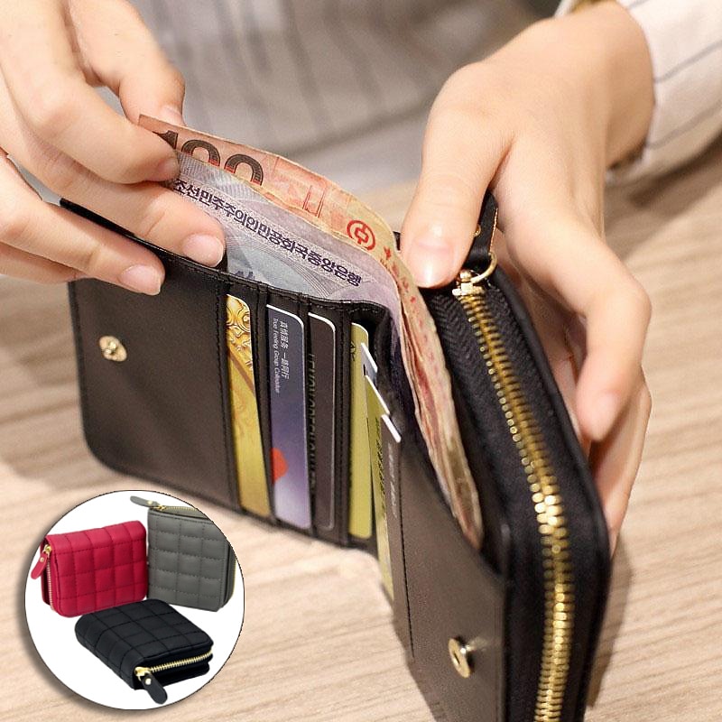 Women PU Leather Short Wallets  Female Plaid Purses Nubuck Card Holder Wallet Small Zipper Wallet with Coin Purse for Women