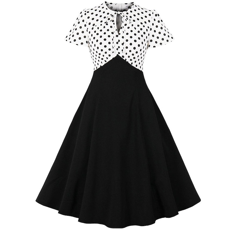 Polka Dots Retro Vintage 1950s Grease Outfits Midi A-Line Dress Swing Dress Flare Dress Color-Blocking Polka Dot Bow Tied Neck Fancy Dress Women's Masquerade Casual Daily Adults' Dress Homecoming