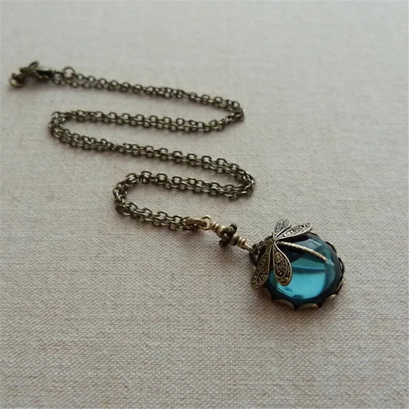 Women's Necklace 1pc Dragonfly Pendant Green Glass Cabochon Vintage Chain Bohemian Fashion Creative Outdoor Animal Necklaces3