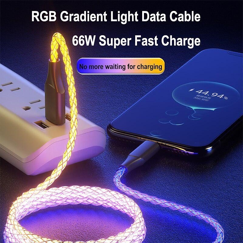 Fast Charging RGB Cable 100W Breathing Light 66W Type C USB C Data Cable for iPhone Samsung Android Micro 30W Quick Charge Cable2
