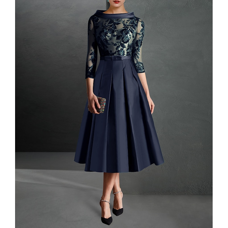 A-Line Mother of the Bride Cocktail Dresses Elegant Dress Formal Kentucky Tea Length 3/4 Length Sleeve Jewel Neck Fall Wedding Guest Satin with Pleats Appliques Dresses3