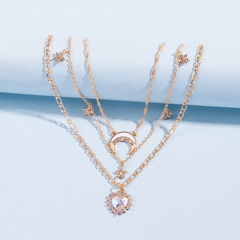 1PC Chain Necklace Layered Necklace For Women's Clear Wedding Party Evening Gift Alloy Moon Heart Star3