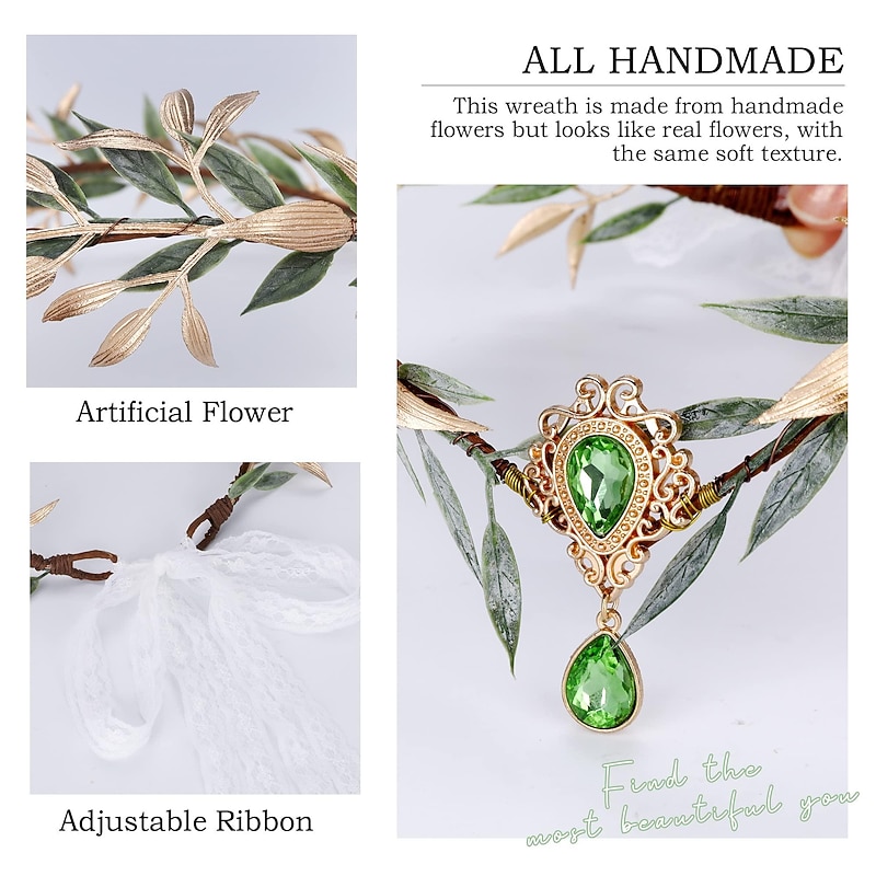 Fairy Leaf Rhinestone Headband and Ear Cuffs Set- Handmade Elf Princess Headpiece Forest Wedding Flower Crown for Women Girls Reneaissance Halloween Cosplay Costume Hair Accessories Photo Props4