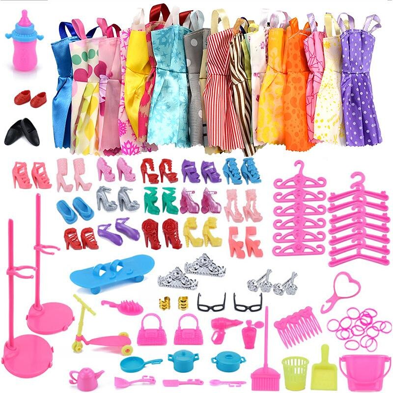 Pink Doll Clothes and Accessories,Lele  Dress-Up Doll Accessories Package 10 Pieces Skirt Suit Big Gift Box Accessories Jewelry Shoes 85 Pieces Set2