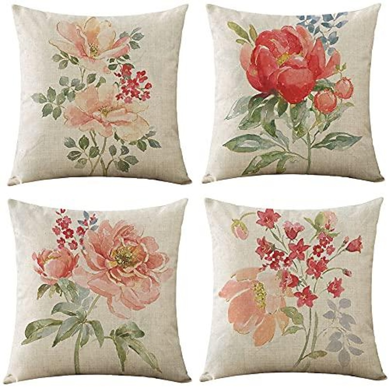 Vintage Floral Double Side Pillow Cover 4PC Soft Decorative Square Cushion Case Pillowcase for Bedroom Livingroom Sofa Couch Chair2