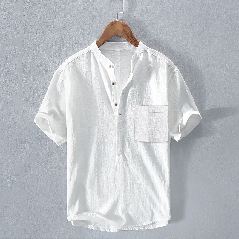 Men's Linen Shirt Band Collar Shirt Summer Shirt Beach Wear Plain Casual Daily White Royal Blue Blue Gray Short Sleeve Stand Collar Summer Clothing Apparel4