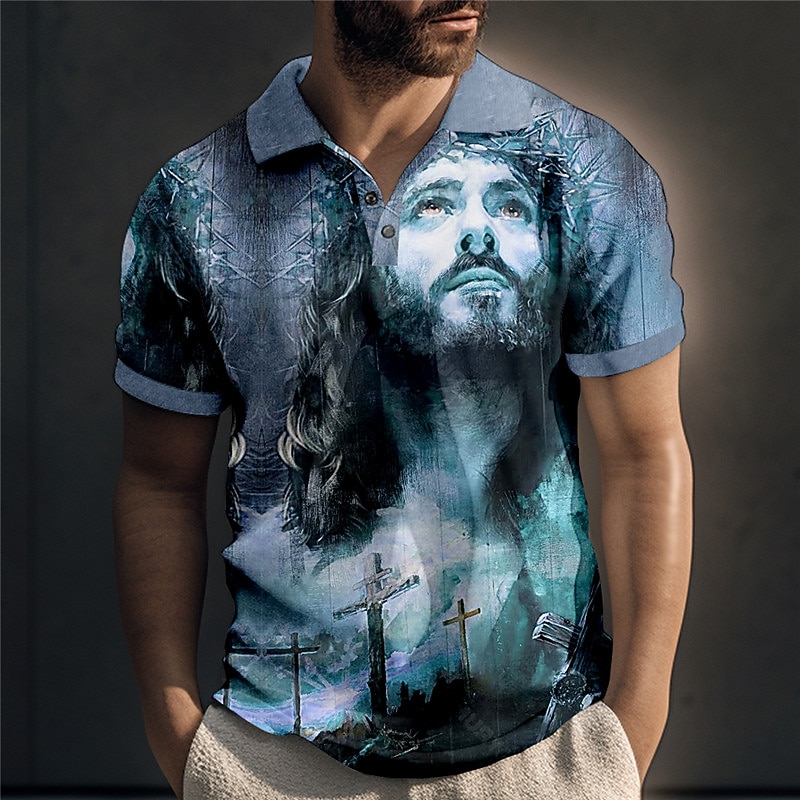 Men's Jesus Christian Polo Shirts Golf Shirt Short Sleeve Polo Shirts Collared Shirts Vintage Casual Vacation Wear Festival Wear Party Outfits Buttons 3D Print Red Blue Green2