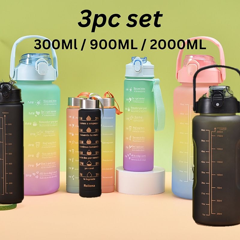 2000ML/900ML/300ML 3PCS Frosted Gradient Plastic Cup Large Capacity Portable Straw Cup With Handle Outdoor Travel Gradient Color Graduated Frosted Water Bottle Sports Bottle Straw Cup