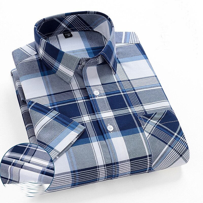 Men's Dress Shirt Stripes and Plaid Office & Career Office Party Light Blue Black Dark Red Yellow Short Sleeve Turndown Spring & Summer Clothing Apparel 13
